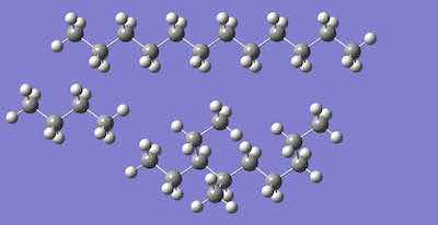 Figure 2. n-dodecane (top), Butane (middle), and one iso-dodecane (there are 355 isomers).