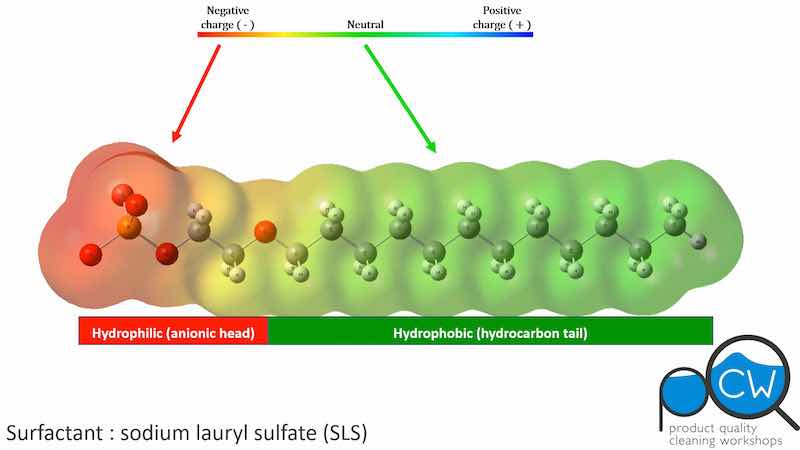 Figure 1: The structure of SLS ( CH3(CH2)11OSO3Na ) showing the hydrophilic and hydrophobic regions. (From our On-demand Aqueous Cleaning Workshop. Visit www.shsu.edu/pqcw to for more information and to register.)