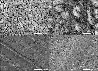 Fig. 3. Microscopy views at 1700Ã were obtained for R1, R3 and R4. 1900Ã magnification was used for R2. The images obtained using 2.0 kV, under LED and the height of the specimen stage, WD, differed for each ramp, R1) 19.8 mm, R2) 25.1 mm, R3) 25.1 mm and R4) 24.7 mm.