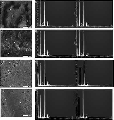 Fig. 4. Microscopy views and EDS results at 19,000Ã were obtained using 5.0 kV, under LED and the height of the specimen stage, WD, was 10.0 mm. SEM images and EDS plots for sites 1 (left) and 2 (right), respectively, are presented in a, b) R1; c, d) R2; e, f) R3; and g, h) R4.