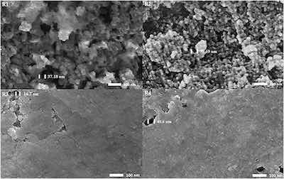 Fig. 9. Microscopy views at 100,000Ã were obtained using 10.0 kV, under LED and the height of the specimen stage, WD, was 10.0 mm of processes R1, R2, R3, and R4. Pore diameter size and locations are identified for reference.
