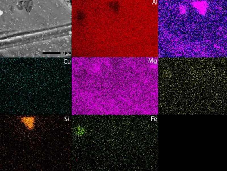 SEM images at 30,000Ã and EDS mapping images of the surface 