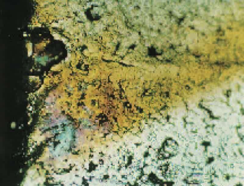 100X surface photo of stain on electroless nickel-plated part, showing the presence of large surface pores on the left edge that may be the source of stain following corrosion-resistance testing.