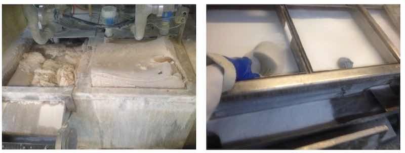 At left: Prior to changeover â strong alkaline cleaner â High foaming; at right: After changeover â Alficlean 169 â Controlled foaming.