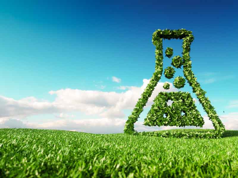 Eco friendly, bio, no waste, zero pollution, pesticide free agriculture concept. 3d rendering of thumbs up icon on fresh spring meadow with blue sky in background.