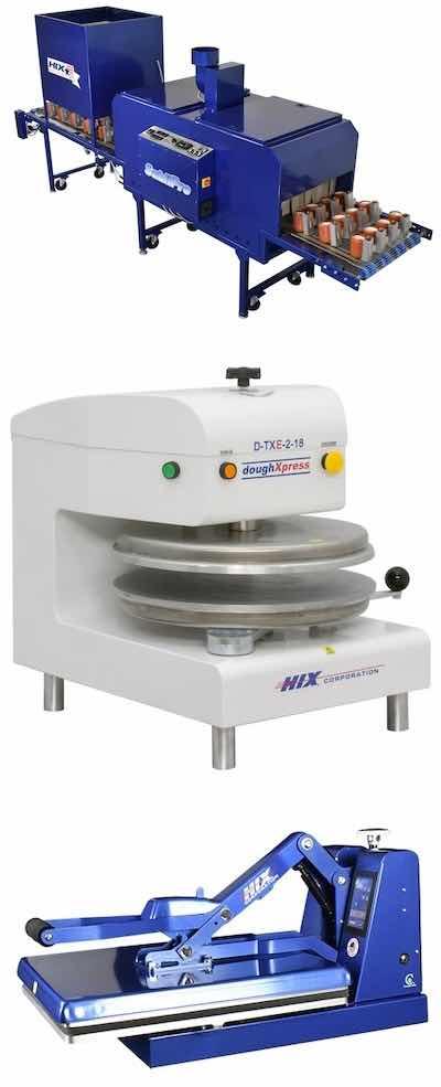 HIX manufacturers ovens and dryers for industrial manufacturing operations (top photo), dough and meat presses for the commercial food service business (middle), and heat transfer and screen-print equipment for the graphic printing industry.