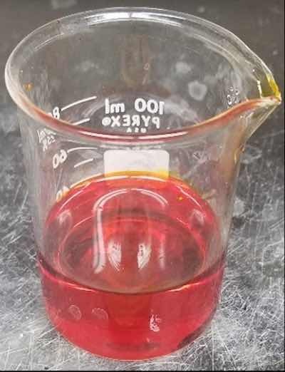 A new chrome bath; notice the pinkish-red hues. The conductivity of this solution is at its peak.