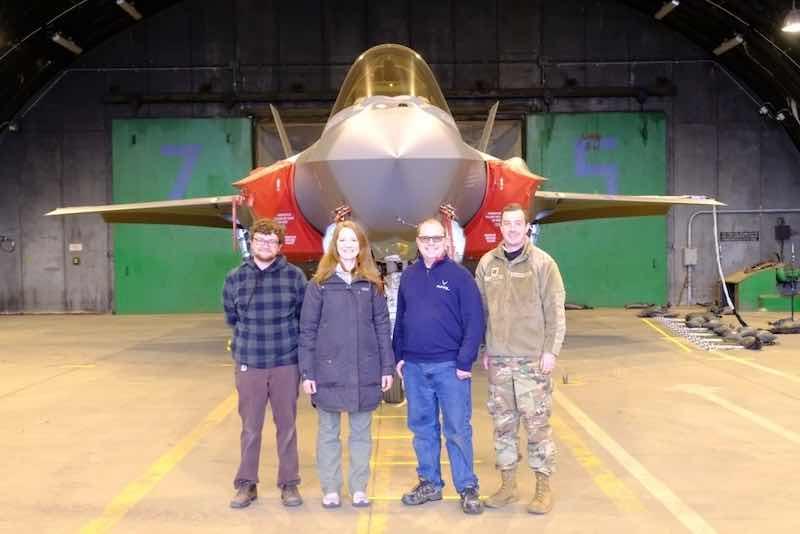 F-35 JPO and AFRL Team Members visit RAF Lakenheath, UK to collect F-35 operational noise and emissions data to determine safe operating parameters for maintainers, pilots, and even the F-35 aircraft from vibrations. From left to right: Steven C. Campbell, AFRL Research Engineer, Hilary Gallagher, F-35 JPO Hearing Protection & Communication Subject Matter Expert, Dr. Alan Wall, F-35 JPO Research Physicist, and Captain Christopher Hopkins, AFRL Engineer.