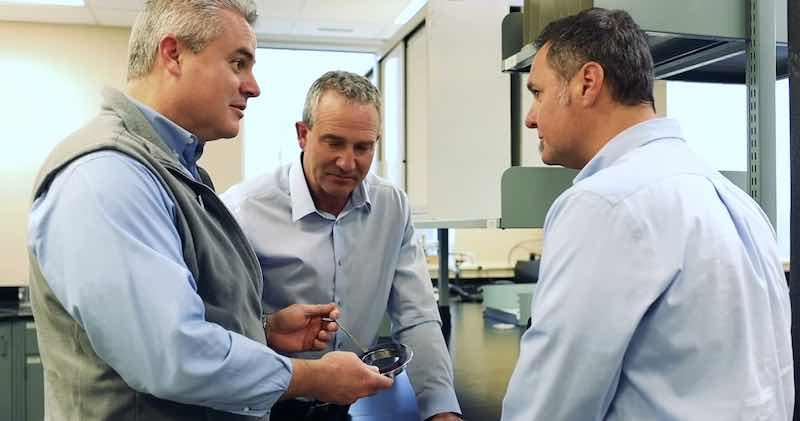Columbia Chemical President Brett Larick, left, Chief Technology Officer Mark Schario, and Director of Business Development Jeff Boehmer say they track lab samples sent for analysis to ensure it gets back to a customer in about 48 hours.