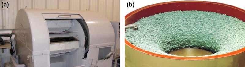 Figure 9 - (a) A centrifugal barrel finisher; (b) a centrifugal disc finisher.