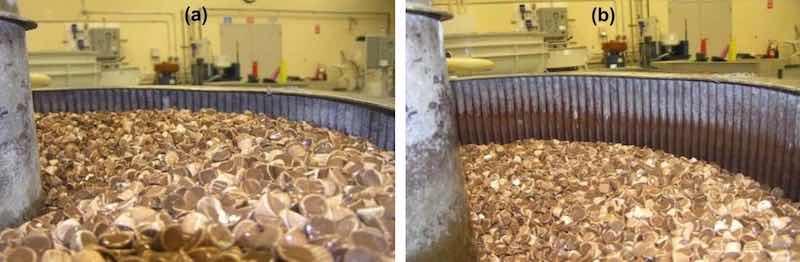 Image No. 2; Image6 of a vibratory bowl with the proper depth of media present in the bowl channel.