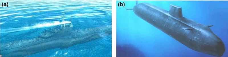 Image No. 3: at left, a submarine near the surface has little water mass above its hull because the column of water above the submarine is virtually nonexistent. At right, a submarine at depth has significant water mass on its hull because the column of water above it is vast.
