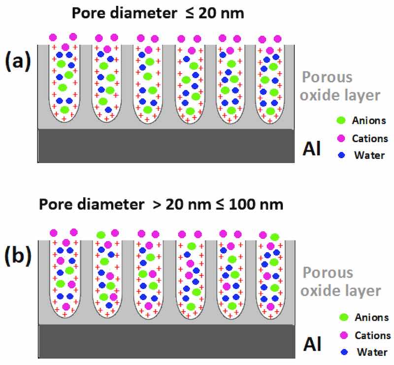 Figure 7. Combined effect(s) of the positive surface charge and the nanometric dimensions of pores of Figure 7. Combined effect(s) of the positive surface charge and the nanometric dimensions of pores anodic aluminum oxide films on the transport of species into the pores during sealing (The red â+â of anodic aluminum oxide films on the transport of species into the pores during sealing (The red â+â sign denotes the positive charge on the pore wall surface for simplicity the generated electric field is sign denotes the po