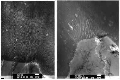 Figure 4: By modifying process parameters of temperature and current density, obvious differences in the AAO structure are clearly developed. The structure on the left was processed at 20Â°C, at 1.2 amps/dm2 and with a 120 g/l sulfuric acid electrolyte. The structure on the right was processed at 0Â°C, at 2.2 amps/dm2 and with a 220 g/l sulfuric acid electrolyte. The substrate material for both samples was aluminum alloy 6061 T6 (AlMgSi1). Note the wider pore and thicker cell walls for the structure on the right.