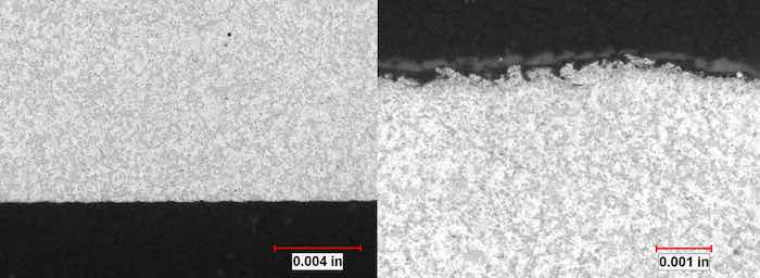 Figure nos.10 (left) and 11 (right): Documentary photograph of the machined surface of the die cast component before anodizing. The charge across the surface would be uniform during anodizing. The surface on the right is typical of a shot blasted surface. Note the non-uniformity of the surface. The charge distribution would be exceedingly non uniform, creating a situation where the finish growth would not be uniform.