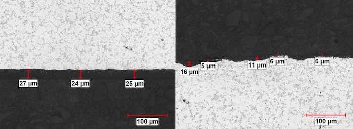 Figure nos. 12 (left) and 13 (right): Machined surface of pump component as-anodized (left). Note the anodic oxide (designated with red arrows) is uniform and continuous and measures an average 25 microns thick. Shot blasted surface after anodizing (right). The areas with the burrs exhibited exceptionally thin anodic oxide finish (5 â 6 microns). To contrast, note the area where the finish measures 16 microns exhibits no burrs. The anodic oxide finish with corresponding thickness values is indicated with red arrows.