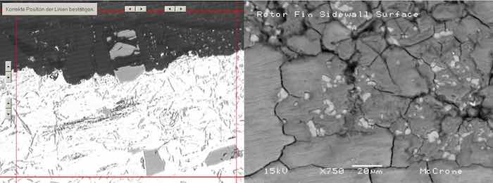 Figure 7: Metallographic cross section of die cast alloy AlSi9Cu3Fe (similar to alloy 383). In the micrograph on the left, large hypereutectic primary silicon platelets from the microstructure as well as smaller eutectic needles are incorporated into the anodic oxide. In the Scanning Electron Microscope (SEM) photomicrograph on the right, the surface of the component is documented, showing the cracks dotted with white-appearing silicon as well as copper deposits appearing as darker-gray haze across the surface and concentrated in areas near the cracks.