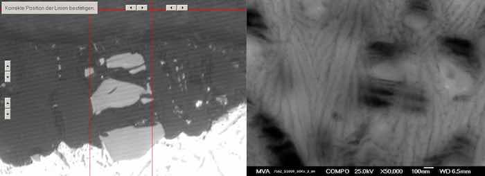 Figure 8: (Left) Higher magnification photomicrograph of the metallographic cross section of die cast alloy AlSi9Cu3Fe (similar to alloy 383). Hypereutectic silicon platelets account for most of the finish thickness which ranges from 15Î¼ to 32Î¼. Note the crack to the left of the red lines that bracket the large Si platelets extends the entire finish thickness. Field Emission SEM image of an anodic oxide on the same alloy, note the typically ordered columnar structure is skewed by inclusions from the base material. Inclusions, primary silicon phases, and any non-aluminum intermetallic compound will disrupt the order of the anodic oxide and produce finish defects.