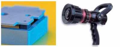 Figure 12: Examples of applications in which the composite anodic oxide is used as a transition layer for bonding aluminum with a polymer. The application on the left is an automotive power- steering module. The application on the right is a fire hose nozzle.