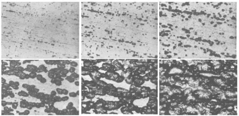 Figure 5:  Progressive oxide development over a period of ~10 seconds in a 5% sulfuric acid electrolyte with 36 â 38V at Â± 1oC.  In dilute electrolytes at low current density, nucleation is preferential rather than precisely ordered by polarization.  In the first photomicrograph (upper left-hand corner), preferential nuclei, corresponding to the rolling direction of the substrate, are observed in the first half-second of exposure after switching on the current, and grow outward, becoming circular oxide âflakesâ which ultimately reconstruct the anode surface. [5] 