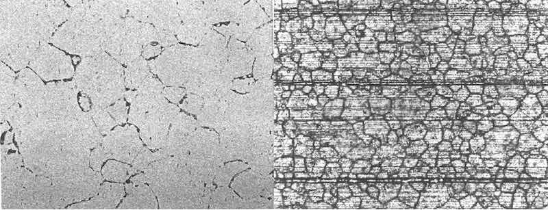 Figure 4: (left) X400, etchant: Tuckerâs Reagent. Microstructure of alloy 6061 T6 extruded material exhibiting severe sensitization. (right) X100, as anodized. Anodized surface of sensitized extrusion documented in photo on left.