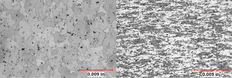 Figure 7: (left) etchant: Kellerâs reagent. Microstructure of component with acceptable reflectivity and brightness exhibits equiaxed grains with randomly distributed precipitates. (right) etchant: Kellerâs reagent. Microstructure of streaky component exhibits small, deformed dark-appearing areas of constituent phases with adjacent bright-appearing recrystallized grains. Dispersoids are distributed throughout the microstructure, which inhibited recrystallization.