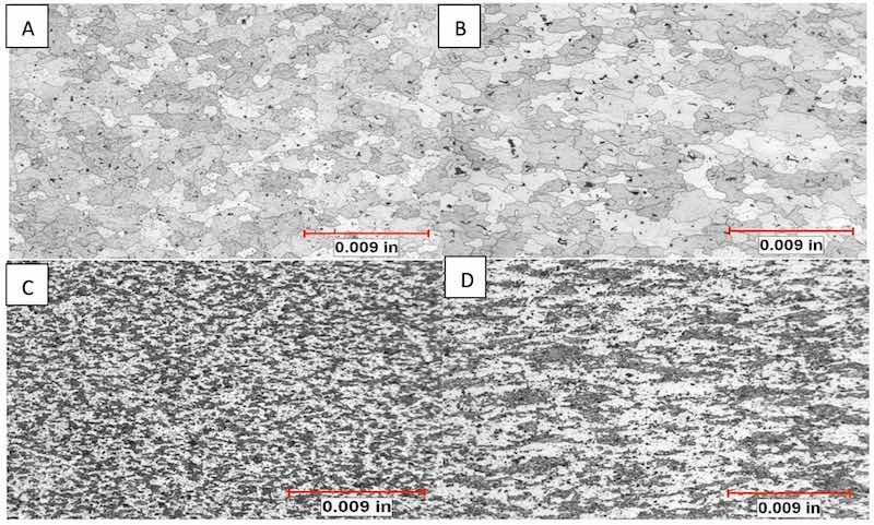 Figure 8: All structures developed with Kellerâs Reagent. A) Chemical analysis revealed sample A contained the highest amount of Ti + Zr, the sample exhibits a homogeneous microstructure with dispersoids and equiaxed, fine grain structure. B) Sample B exhibited a structure most like sample A, a exhibited a reflective anodic oxide. C) Sample C exhibited the highest vanadium which raises the recrystallization temperature. Sample exhibits the expected retained deformation (actually, no recrystallization at all). C exhibited a muddy appearance after anodizing. D) Sample D exhibited the highest iron and manganese, relative to the other samples. Sample exhibits partial recrystallization and dipersoid phases throughout the microstructure.