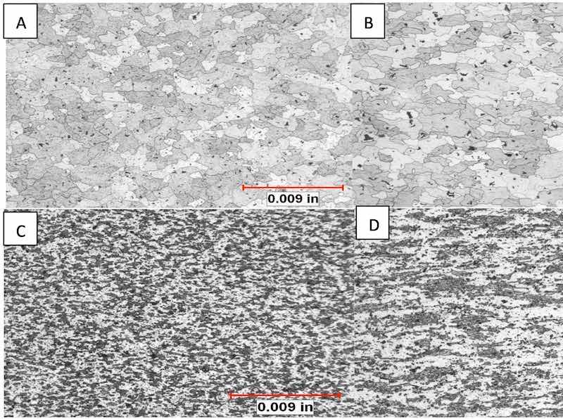 unfavorable samples exhibited large areas of small, deformed grains oriented in the direction of extrusion