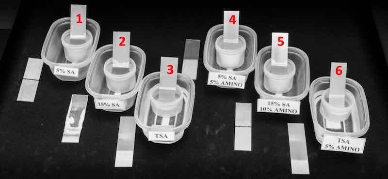 Test Panels 4, 5, 6 (protected with Amino Complex) indicate light etch / attack. Very slight etch / no smut on TSA Amino #6 (after 24 hours). Test Panels 1, 2 indicate definite attack (slight etch on TSA #3)