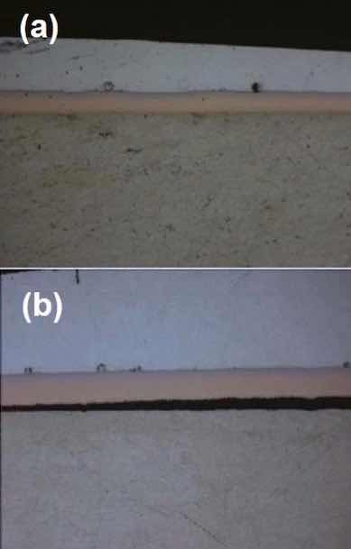 Figure 5 - Solder shock test results showing (a) no Al-Cu delamination with a Cu thickness of 1.0 mil and (b) failure and separation with a 2.5-mil Cu deposit (Ni over Cu).