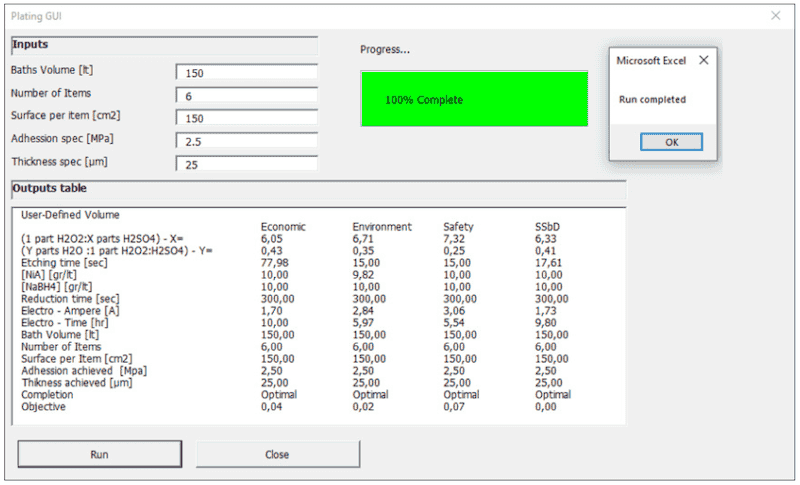 Figure 16. User-friendly interface of DST including user-defined input cells, monitoring of optimization results and DST completion signals.