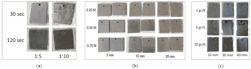 Figure 6. Samples’ images after (a) etching, (b) activation and (c) reduction of ABS.