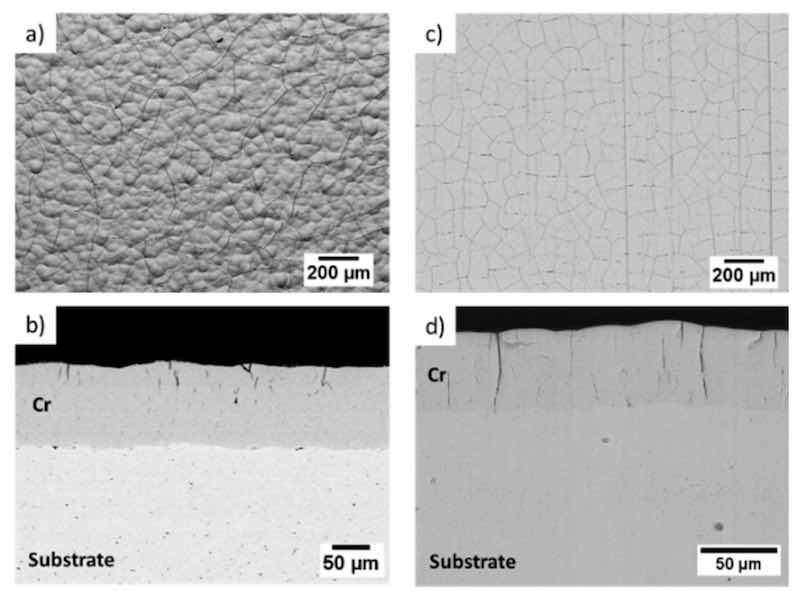 Figure 2. SEM microstructural observations in surface and cross section of deposits: (a,d) hexavalent chromium, (c,d) trivalent chromium.