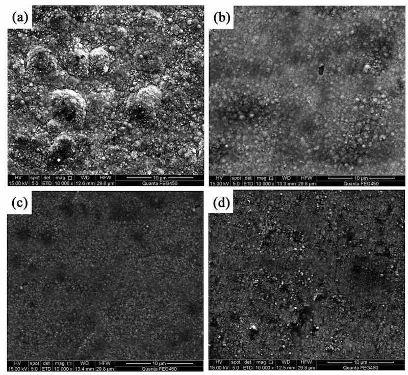 Figure 1: NCSTCCs surface morphologies obtained with various DCs at 10 Hz of fixed PF: (a) 10%, (b) 30% (c) 50%, and (d) 70%.
