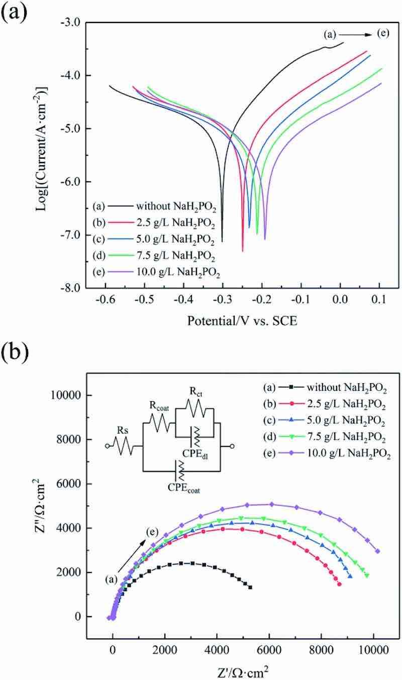 Fig. 10 (a) PDP curves and (b) Nyquist curves of the coatings in a 3.5 wt% NaCl solution. The inset image in (b) is the equivalent circuit.