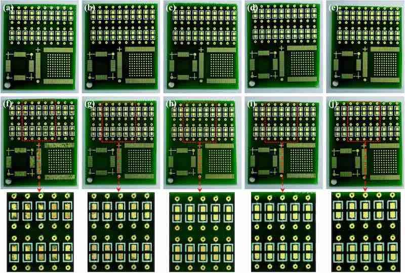 Fig. 9 Appearances of printed circuit board before (aâe) and after (fâj) salt spray tests. The Au layers were deposited from cyanide-free baths containing different concentrations of NaH2PO2: (a and f) 0 g Lâ1, (b and g) 2.5 g Lâ1, (c and h) 5.0 g Lâ1, (d and i) 7.5 g Lâ1, and (e and j) 10 g Lâ1.