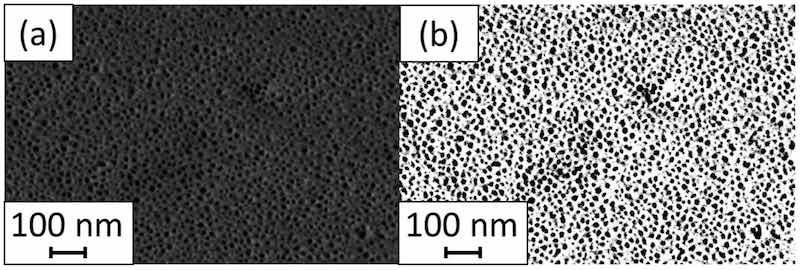 Figure 1. Example of SEM in-lens secondary electron image showing surface morphology of 2024 alloy after 45 min anodizing before (a) and after (b) threshold operation in ImageJ software (version 1.53e, National Institute of the Health, MD, USA).