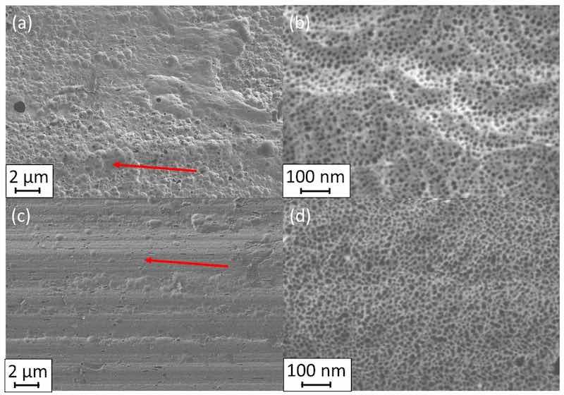 Figure 2. SEM surface morphology of 2024 after anodizing in TSA for 25 min (a,b) and 45 min (c,d). Red arrows point out different surface morphologies.
