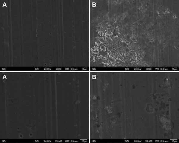 Fig. 3: Illustrative SEM photomicrography obtained in the secondary electrons mode (SE) of the AA2024-T3 surface treated with PreCoat A32 before (a) and after EIS measurements of 7 days of immersion in 0.5 M NaCl (b) (Ã500 and Ã1000)