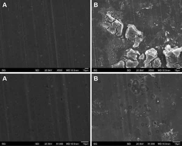 Fig 4: Illustrative SEM photomicrography obtained in the secondary electrons mode (SE) of the AA2024-T81 surface treated with PreCoat A32 before (a) and after EIS measurements of 7 days of immersion in 0.5 M NaCl (b) (Ã500 and Ã1000)