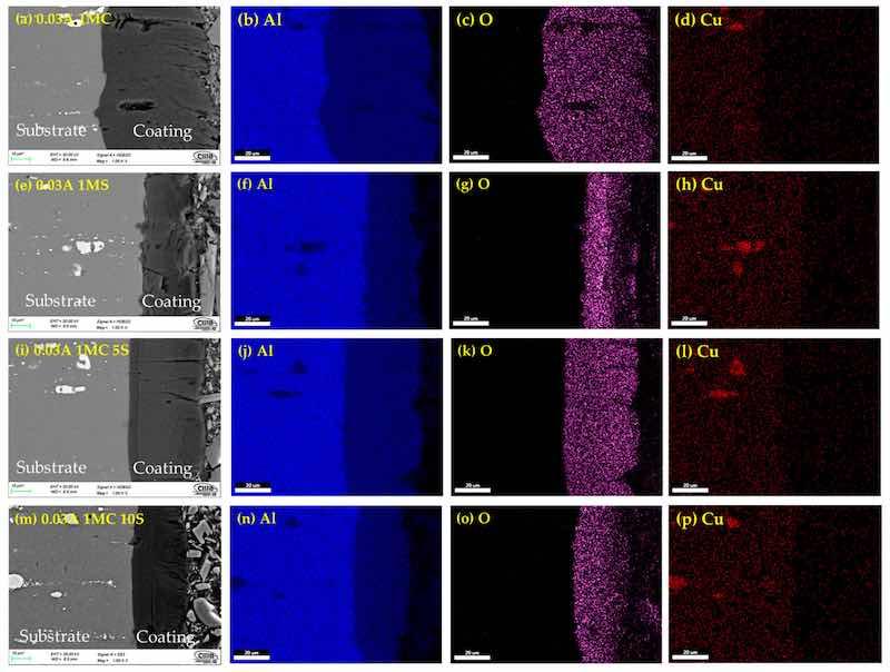 Figure 5. Cross-section by SEM of anodized simples of AA2024 at 0.03 A/cm2: (a) 1MC, (e) 1MS, (i) 1MC 5S and (m) 1MC 10S. Mapping of element content; Aluminum (b,f,j,n), oxygen (c,g,k), and (o), Copper (d,h,l,p).