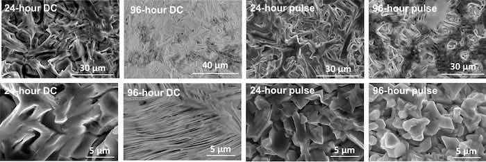 Figure 3. Scanning electron microscopy (20 kV accelerating voltage) of electroplated bismuth at various magnifications.