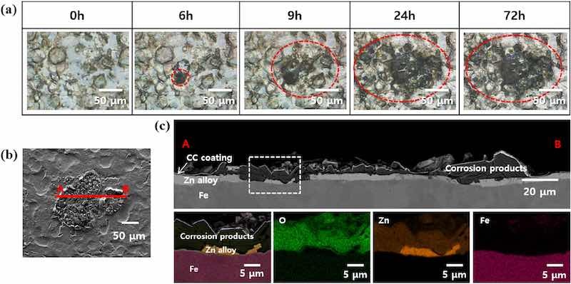 Figure 2: (a) Time-lapse OM images of dark spot formation on C-ZS under humidity treatment. The red dotted circle highlights the location of the dark spot. (b) Top-view SEM image of the dark spot on C-ZS after exposure to humidity for 72 h. (c) Cross-sectional SEM image of C-ZS after exposure to humidity for 72 h (upper panel). The red A and B correspond to the same A and B positions in (b). The enlarged SEM image of the region enclosed by the white dotted box, along with the associated EDS mappings, are displayed in the lower panel.