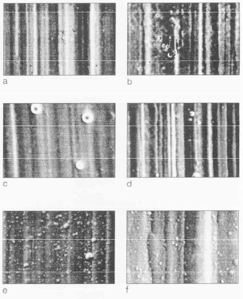 Fig. 7âProgress of EN deposition on Grind 2 substrate after bright nickel strike and deposition rate of 12 Âµm/hr: (a) O min; (b) 1 min; (c) 5 min; (d) 10 min; (e) 20 rein; (f) 30 min.