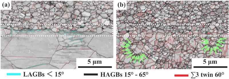 Fig. 7. GB maps: (a) rolled Cu joint and (b) electroplated Cu joint.