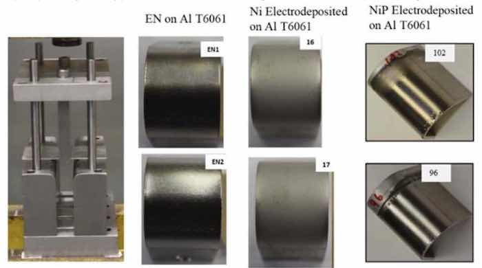 Figure 7 - From left to right is 1) the device for the Bend test; 2) the inflection point of the electroless NiP (EN1, EN2); 3) electrodeposited nickel (16, 17) and electrodeposited nickel phosphorus (96, 102) coupons after the 0.5â bend radius test.