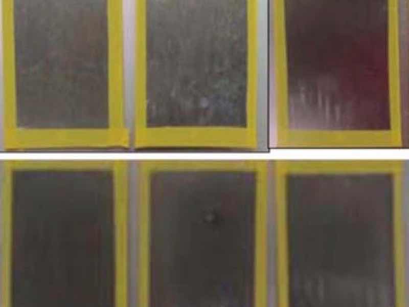 Surface images of post-salt spray corrosion test electroless NiP, electrolytic NiP and electrolytic Ni applied to 6061 Al.