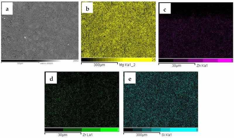 Figure 3. SEM-BSE micrograph (a) and corresponding EDS maps of the 3.0-GO sample: (b) Mg, (c) Zn, (d) Zr; (e) Si.