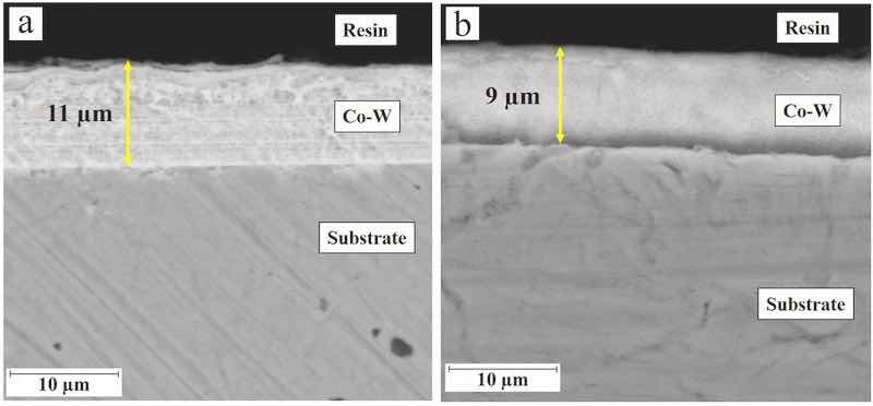 Fig. 2. a) SEM micrographs from the cross-section image of CoâW coating electrodeposited at a) peak current density of 25 mA/cm2 and pulse frequency of 100 Hz, b) peak current density of 50 mA/cm2 and pulse frequency of 100 Hz.