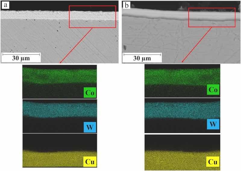 Fig. 7. a) EDX mapping from the cross-section image of CoâW coating electrodeposited at a) peak current density of 25 mA/cm2 and pulse frequency of 100 Hz, b) peak current density of 50 mA/cm2 and pulse frequency of 100 Hz.